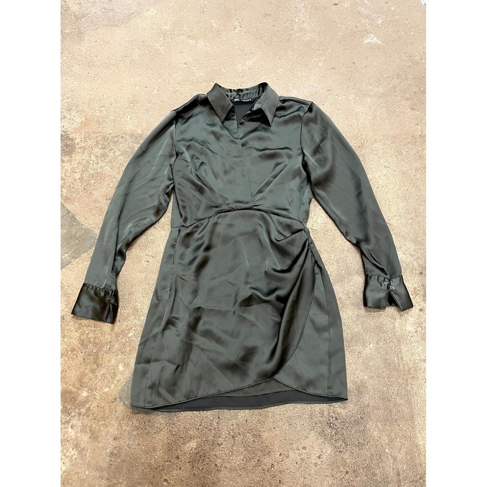 Zara‎ Shift Dress Womens Medium Black Satin Ruched Front Collared Streetwear